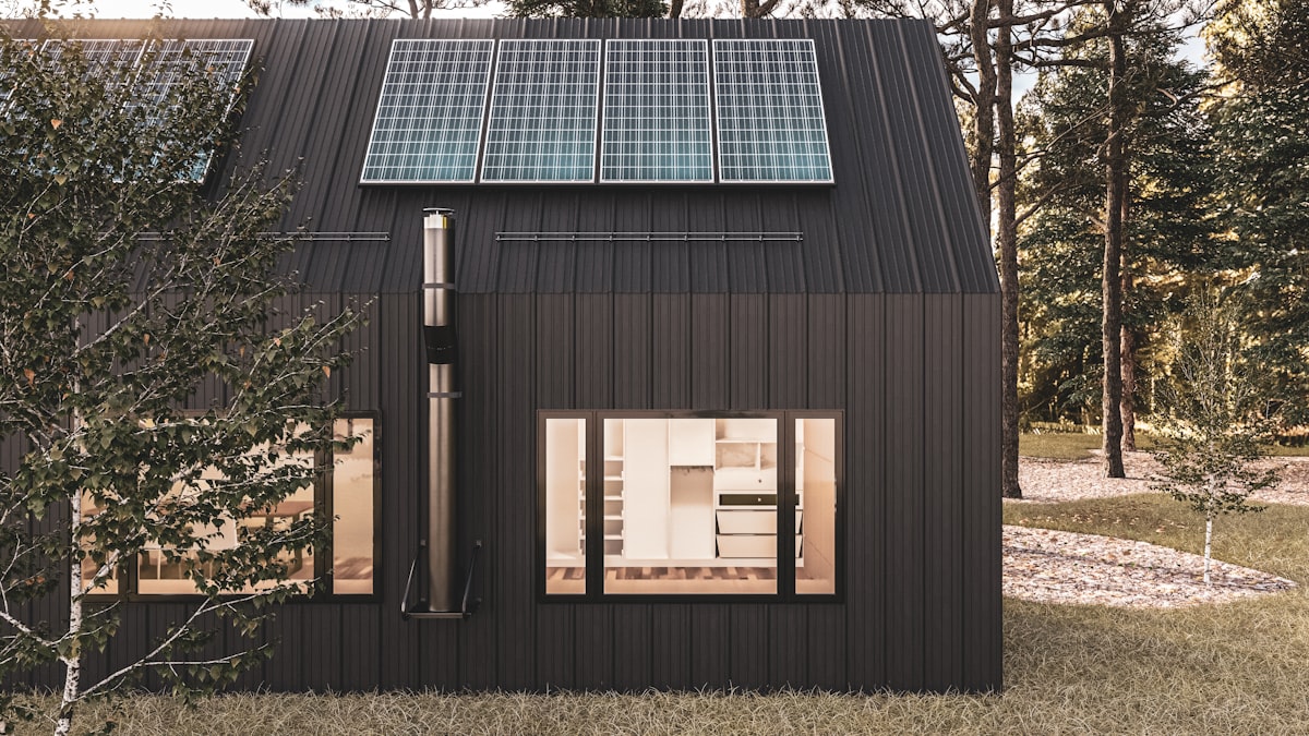 Modern home with rooftop solar panels
